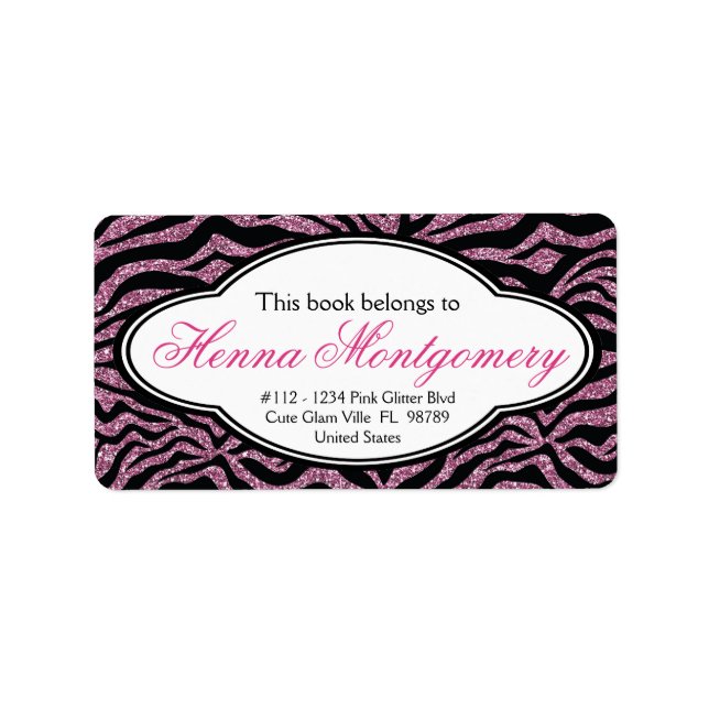 Niedlich Girl Glitzer Look PINK Zebra Buchzeichen Adressaufkleber (Vorne)