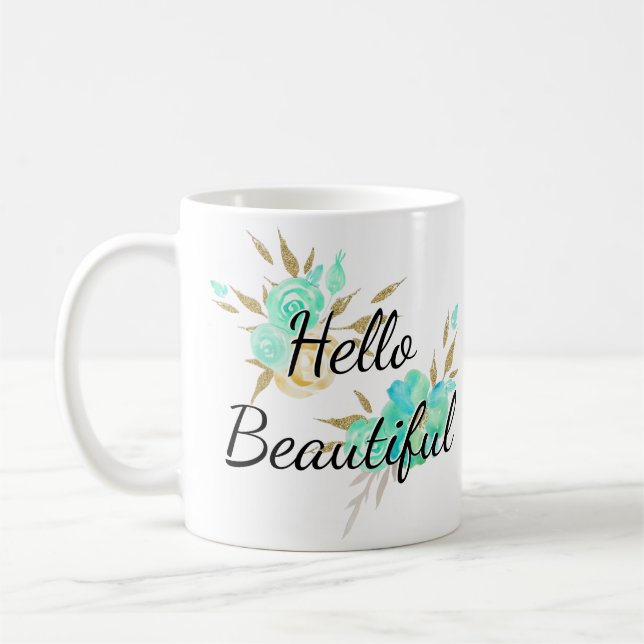 Niedlich Girl Hello Beautiful Gold & Blue Floral Kaffeetasse (Links)