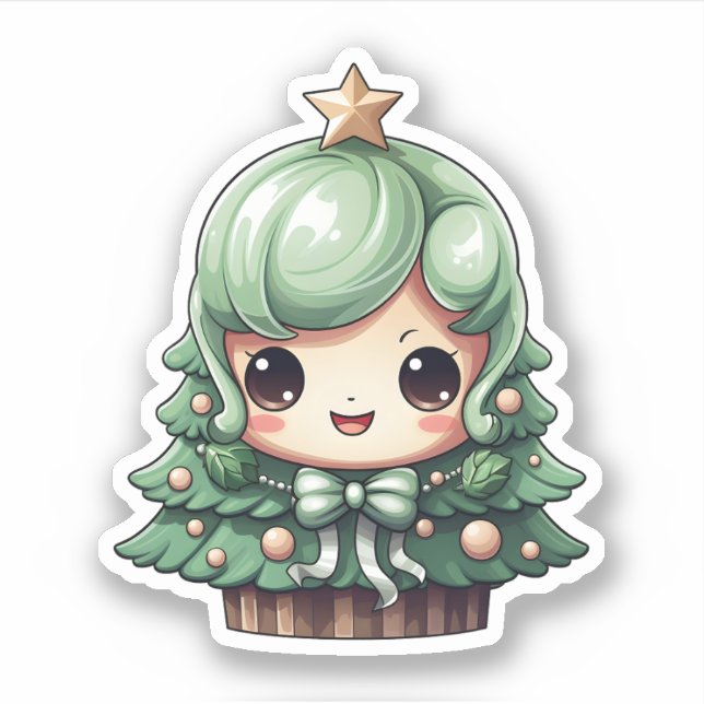Niedlich Girl lächelt grüner Kawaii Weihnachtsbaum Aufkleber (Vorderseite)
