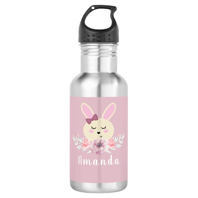 Niedlich Girl Lila Bunny Rabbit Floral Kids Edelstahlflasche (Vorderseite)