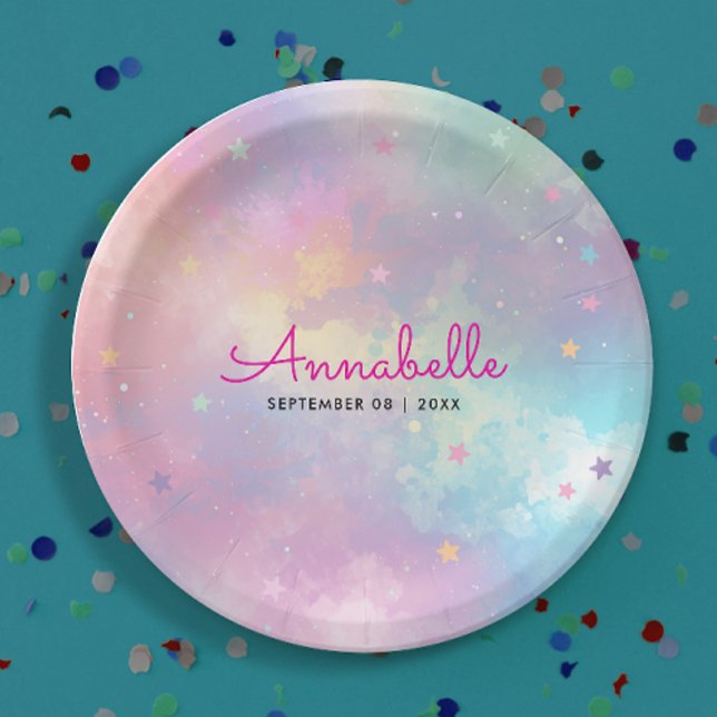 Niedlich Girl Lila Pink Holographic Sky Wassercolo Pappteller (Von Creator hochgeladen)