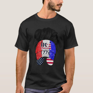 Niedlich Girl Messy Bun Hat American Flag USA 1776 T-Shirt