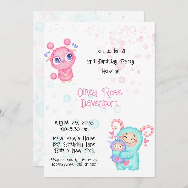 Niedlich Girl Monster Geburtstagsparty Einladung (Vorne/Hinten)