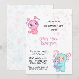 Niedlich Girl Monster Geburtstagsparty Einladung