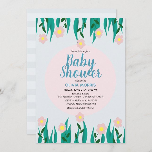 Niedlich Girl Otter Cartoon Blume & Name Baby Dusc Einladung (Vorne/Hinten)