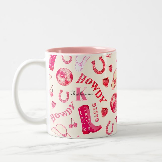 Niedlich Girl Pink Disco Cowgirl Name Monogram Zweifarbige Tasse (Links)