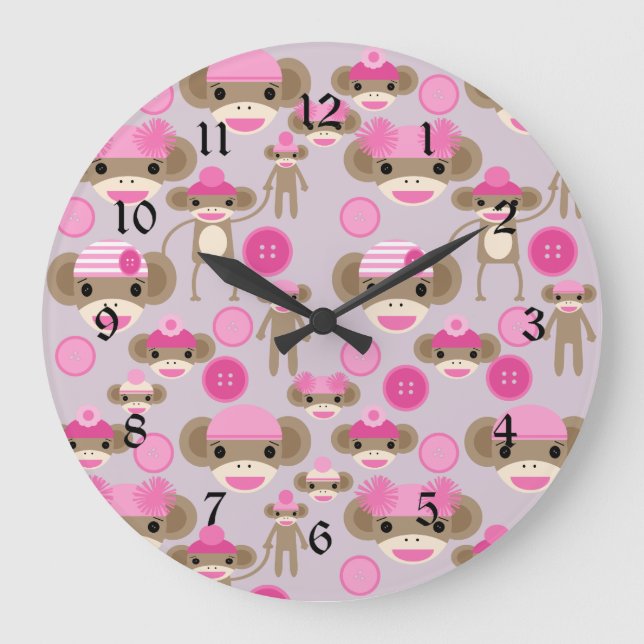 Niedlich Girl Pink Sock Monkey Girl Pattern Collag Große Wanduhr (Vorderseite)
