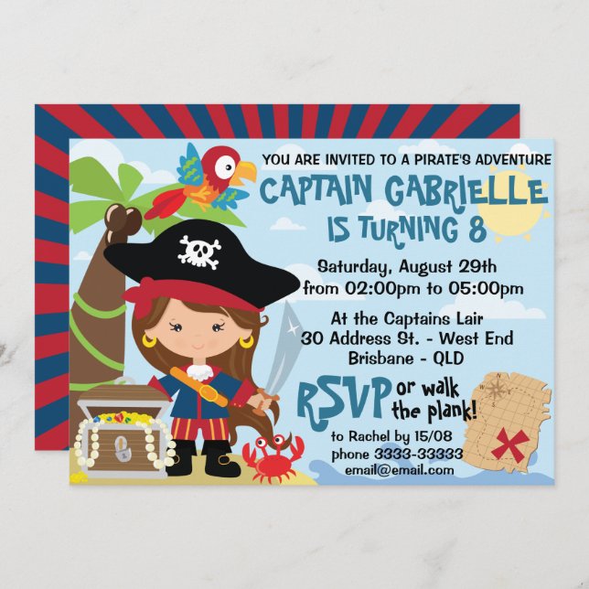 Niedlich Girl Pirate Party Geburtstagseinladungen Einladung (Vorne/Hinten)