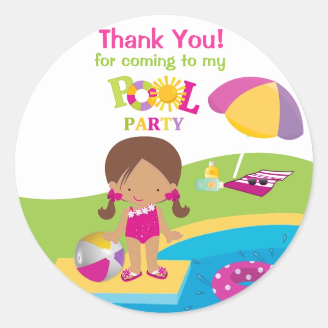 Niedlich Girl Pool Party Geburtstagsticker Runder Aufkleber (Vorderseite)