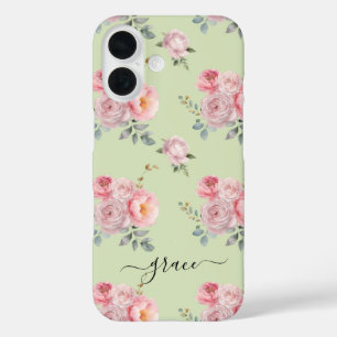 Niedlich Girl Sage Green Pink Floral Personalisier iPhone 16 Hülle