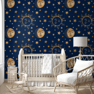 Niedlich Girl Sun Moon & Stars Magic Gold & Navy B Tapete