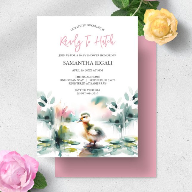 Niedlich Girl Watercolor Duck Babydusche Einladung (Duck baby shower invitations for girl feature pastel watercolor art exclusive to Do Tell A Belle)