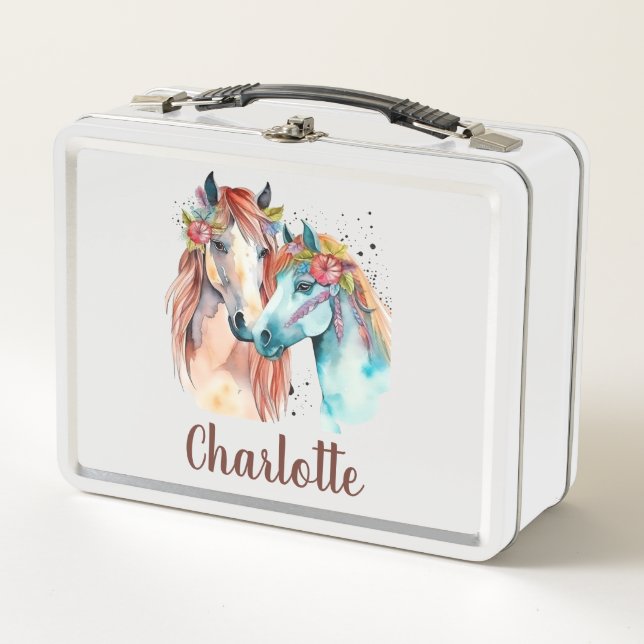 Niedlich Girlie Watercolor Kinder Name School Meta Metall Brotdose (Vorderseite)