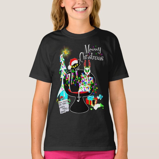 Niedlich Girls Atomic Cat Meowy Weihnachten T-Shirt (Vorderseite)