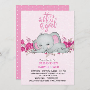 Niedlich Girls Baby Elephant Schlafen Blumenrosa Einladung