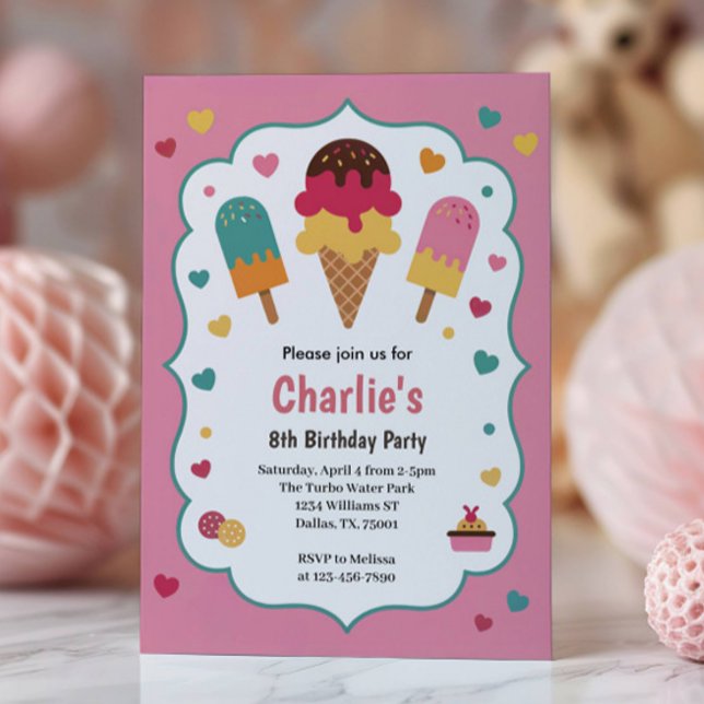 Niedlich Girls Ice Cream Geburtstagsparty Einladung (Von Creator hochgeladen)