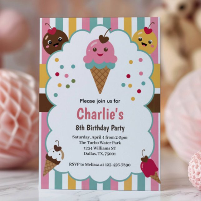 Niedlich Girls Ice Cream Geburtstagsparty Einladung (Von Creator hochgeladen)