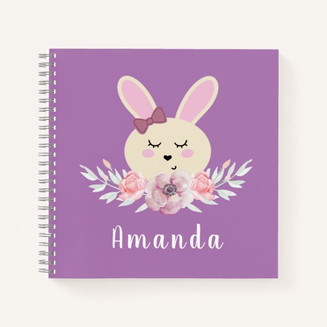 Niedlich Girls Lila Bunny Individuelle Name Kinder Notizbuch (Vorderseite)