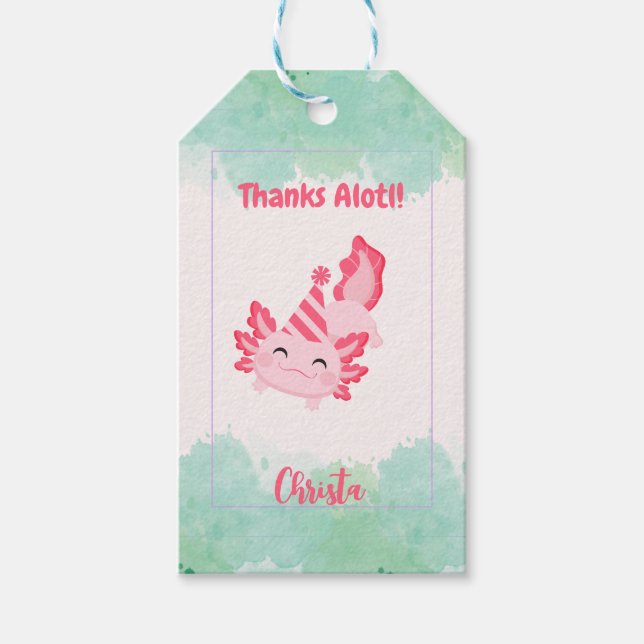 Niedlich Girls Pink Axolotl 1. Geburtstag Party Geschenkanhänger (Vorderseite)