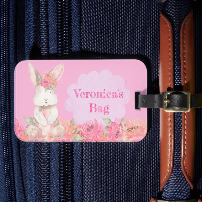 Niedlich Girls Pink Bunny Floral Kinder Urlaub Gepäckanhänger (Vorderseite Insitu 4)