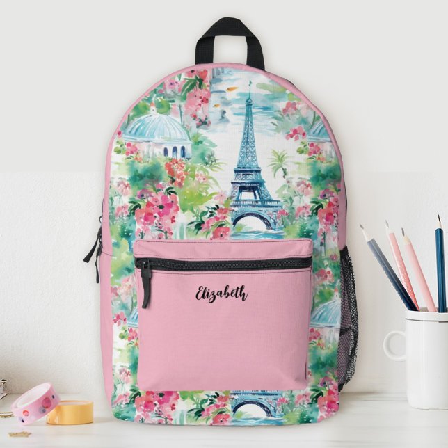 Niedlich Girls Pink Eiffelturm Blumenschule Bedruckter Rucksack (A cute girls school backpack featuring the Eiffel Tower in Paris. So sylish for back to school.)