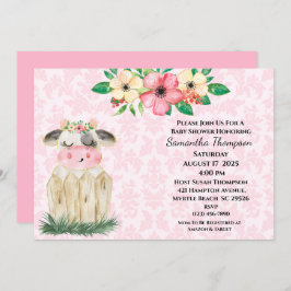 Niedlich Girls Pink Floral Cow Kinderdusche Einlad Einladung