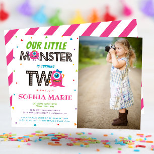 Niedlich Girls Pink Monster 2. Geburtstag Party Fo Einladung