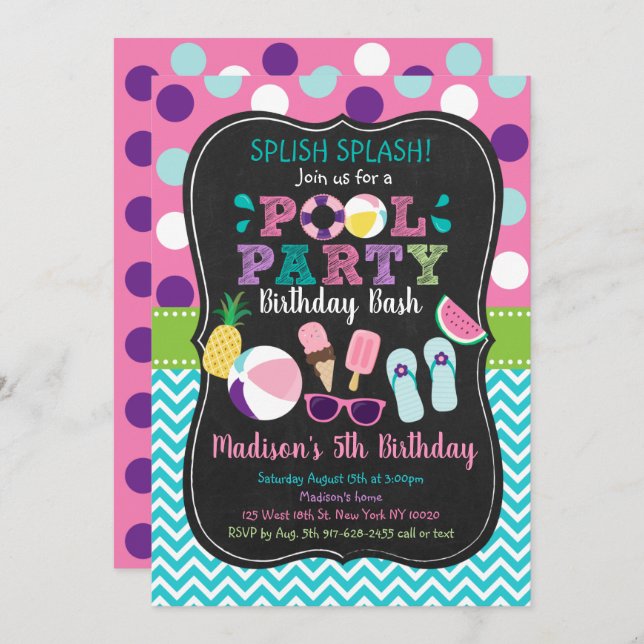 Niedlich Girls Pool Party Ice Creme Geburtstag Einladung (Vorne/Hinten)