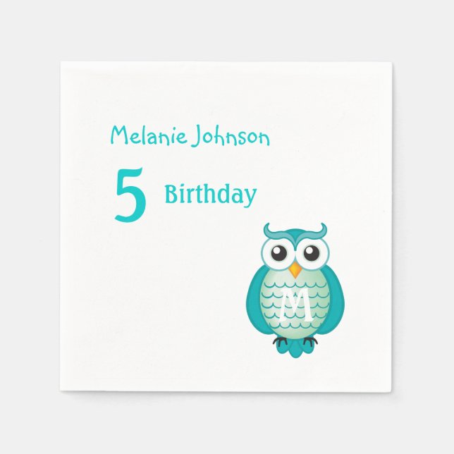 Niedlich Girly Aqua Owl mit Monogram Birthday Napk Serviette (Vorderseite)
