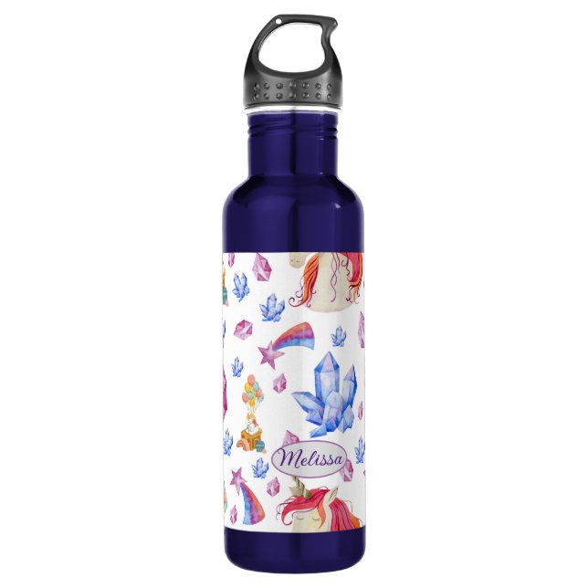 Niedlich Girly Blue Pink Star Name Unicorn Edelstahlflasche (Vorderseite)