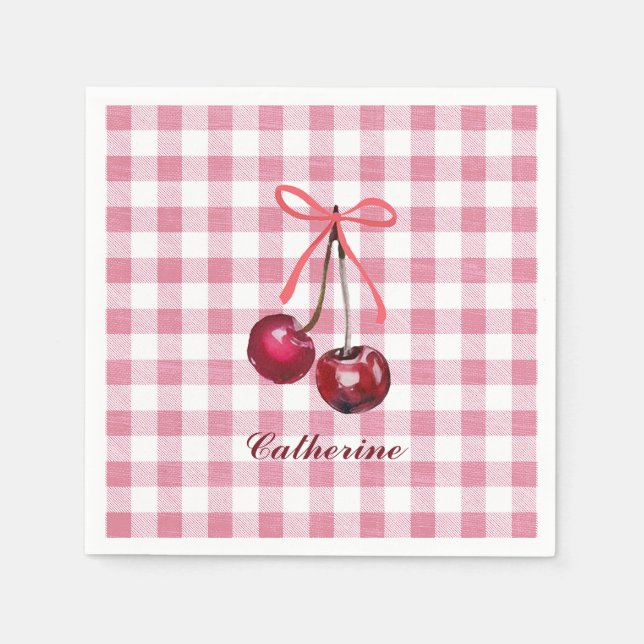 Niedlich Girly Bow Cherry Pink Gingham Karierter N Serviette (Vorderseite)