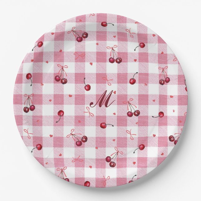 Niedlich Girly Bows Cherries Pink Gingham Karierte Pappteller (Vorderseite)