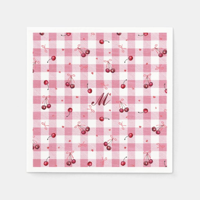 Niedlich Girly Bows Cherries Pink Gingham Karierte Serviette (Vorderseite)