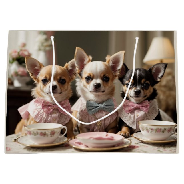 Niedlich Girly Chihuahua Tea Party Große Geschenktüte (Vorderseite)