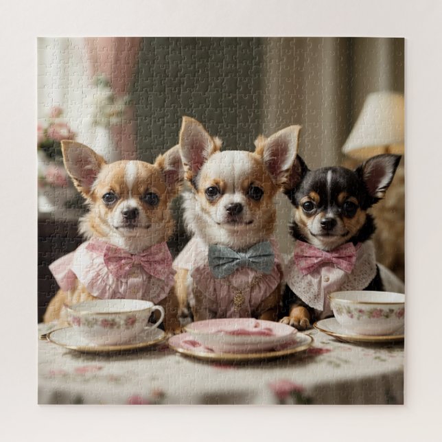 Niedlich Girly Chihuahua Tea Party Puzzle (Vertikal)