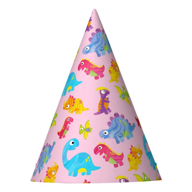 Niedlich Girly Colorful Pink Dinosaur Thema Geburt Partyhütchen (Vorderseite)