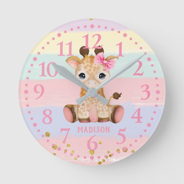 Niedlich Girly Giraffe Rainbow Round Clock Runde Wanduhr (Vorderseite)