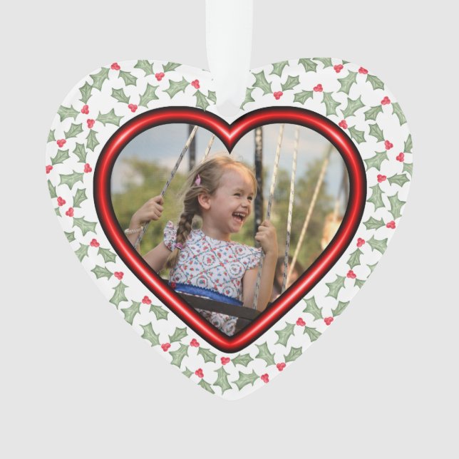 Niedlich Girly Heart Foto Holly Verlasse Weihnacht Ornament (Vorderseite)