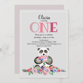 Niedlich Girly Modern Blume Panda & Name 1. Geburt Einladung