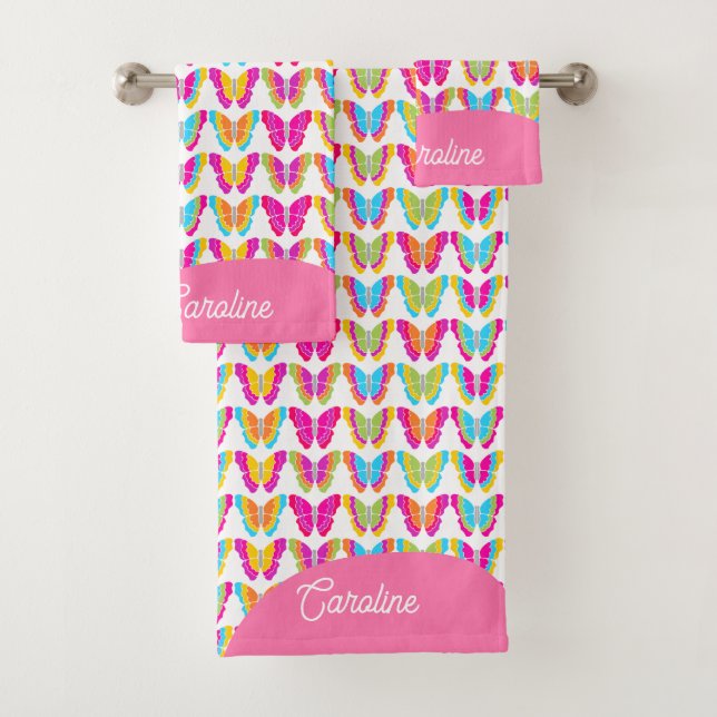 Niedlich Girly Multicolor Rainbow Butterfells Name Badhandtuch Set (Insitu)