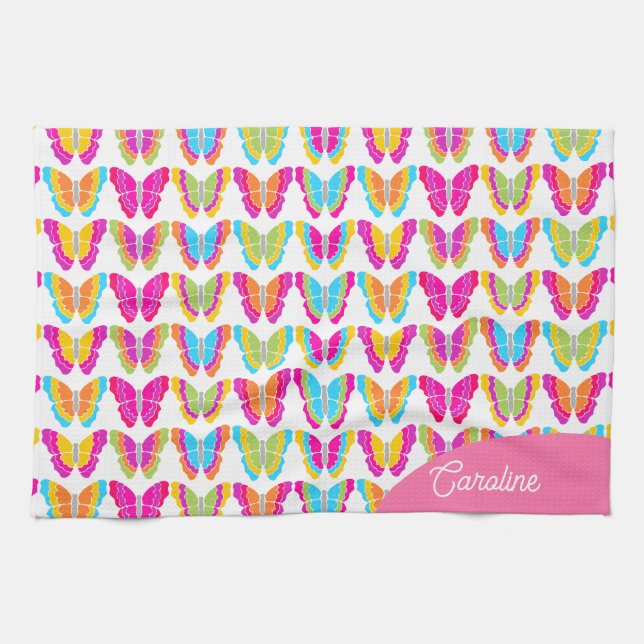 Niedlich Girly Multicolor Rainbow Butterfells Name Geschirrtuch (Horizontal)