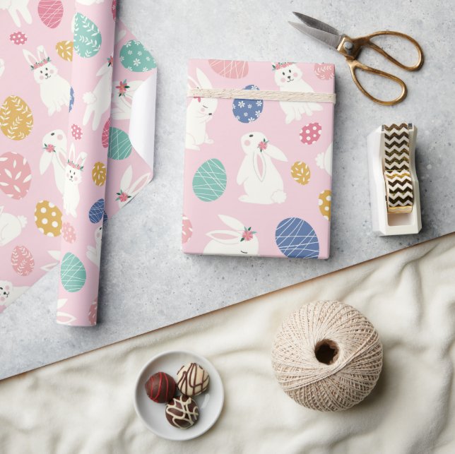 Niedlich Girly Oaster Bunny Moderne rosa Blumeneie Geschenkpapier (Kunsthandwerk)