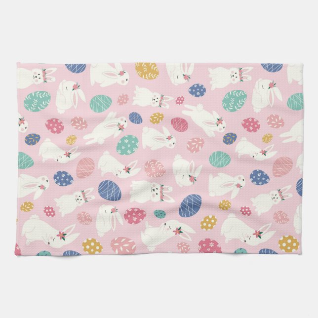Niedlich Girly Oaster Bunny Moderne rosa Blumeneie Geschirrtuch (Horizontal)