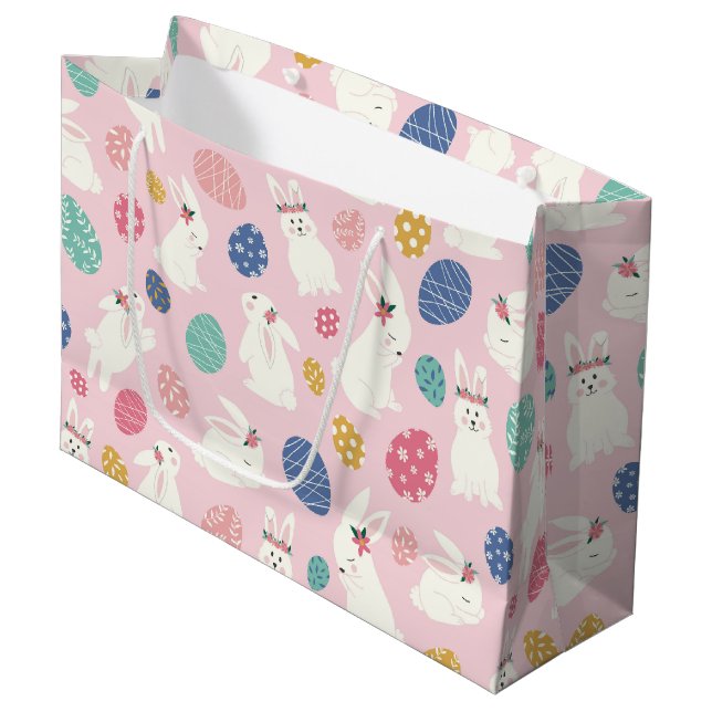 Niedlich Girly Oaster Bunny Moderne rosa Blumeneie Große Geschenktüte (Vorderseite Schrägansicht)