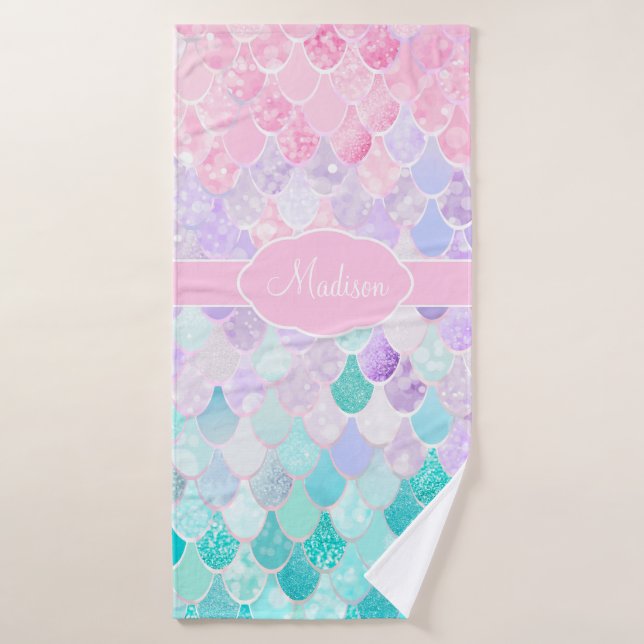 Niedlich Girly Ombre Mermaid Pattern Mit Monogramm Badehandtuch (Badehandtuch)