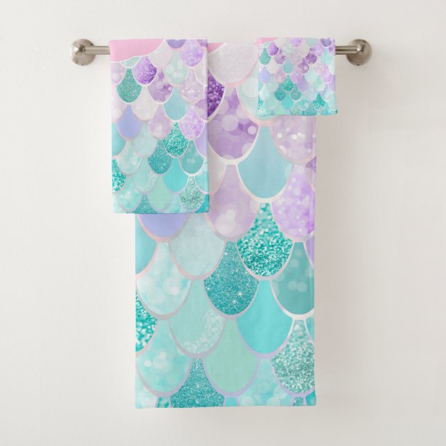 Niedlich Girly Ombre Mermaid Pattern Mit Monogramm Badhandtuch Set (Insitu)