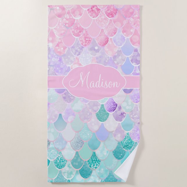 Niedlich Girly Ombre Mermaid Pattern Mit Monogramm Strandtuch (Vorderseite)