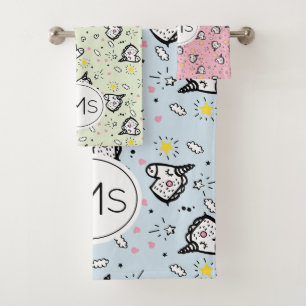 Niedlich Girly Pastel Blue Unicorn Muster Monogram Badhandtuch Set