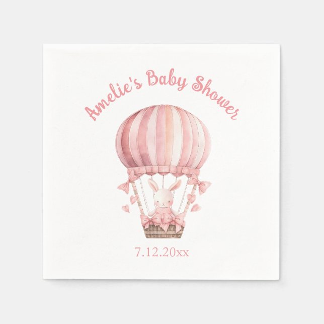 Niedlich Girly Pink Bunny Flying in Balloon Serviette (Vorderseite)