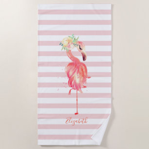 Niedlich Girly Pink Flamingo Blume Streifen Strandtuch